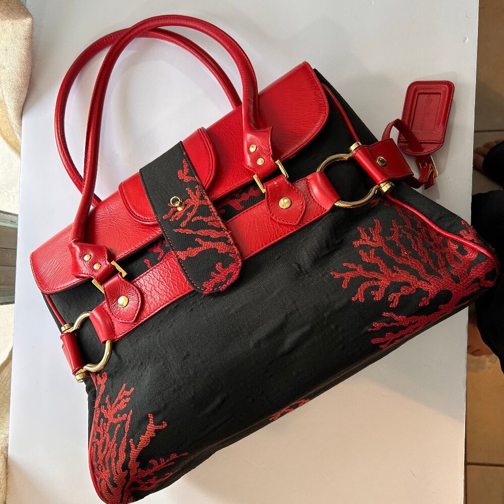 Le Duchesse Made-in-Italy Red Leather & Black Jacquard Tapestry Satchel. - Picture 2 of 15